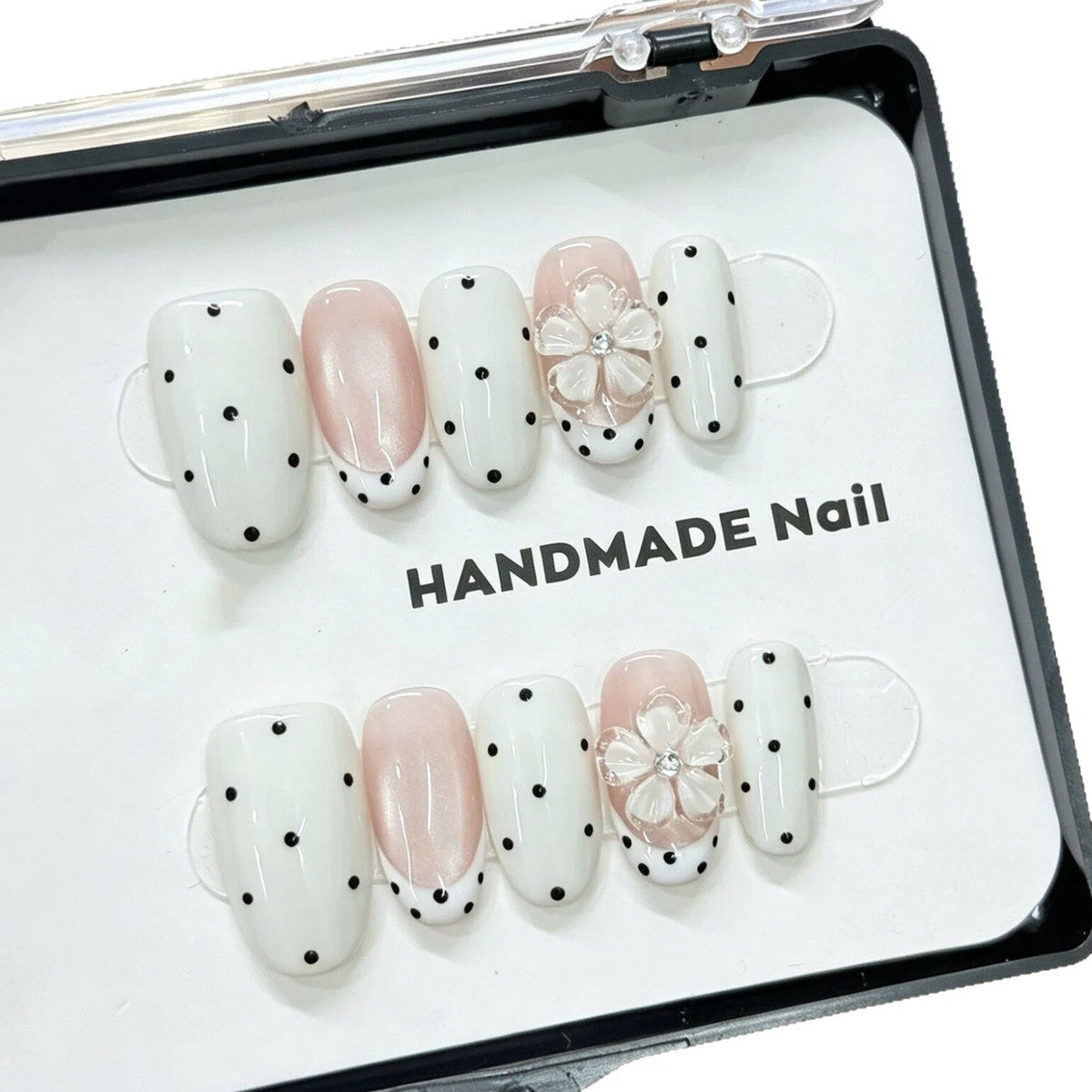 Milky White Press-On Nails – Squoval Nails with Nude Pink French Cat Eye & Black Polka Dot Floral Detail | Vintage Feminine Reusable Nail Set 284