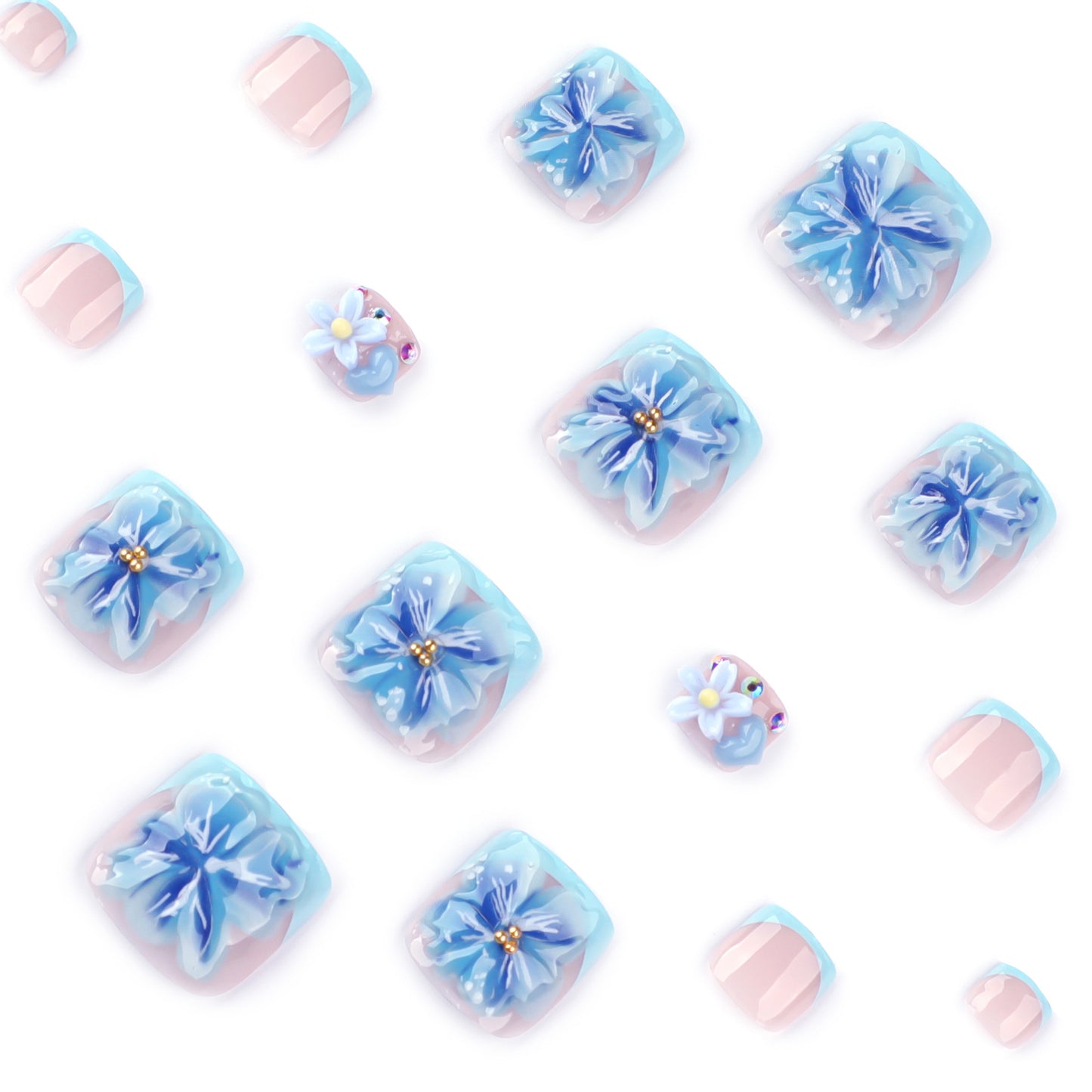 Press On Toenails Blue Flower French Tip Toe Nails Nude Pink Short Square Glossy Fake Toenails Summer Beach Floral Pedicure Nails Reusable Full Cover Stick On Nails for Women Vacation 78