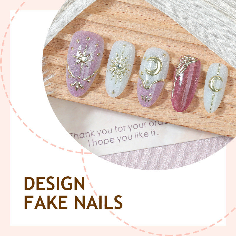 Press On Nails Pink White Ombre Star Moon Design Gold Detail Glossy Fake Nails Reusable Nail Set Cute Luxury Nails 67