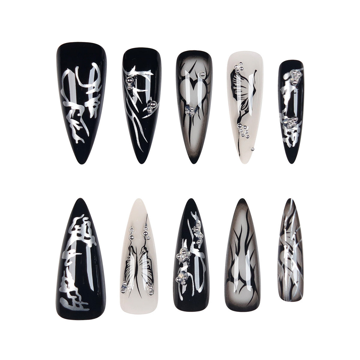 Gothic Press On Nails Black White Ombre Stiletto Butterfly Rhinestone Long Reusable 19