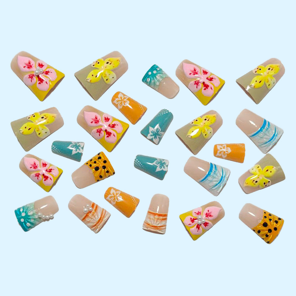 Tropical Press On Nails 3D Flower Beach Summer Vacation Hawaiian Floral Short Square Reusable Nail Set 24