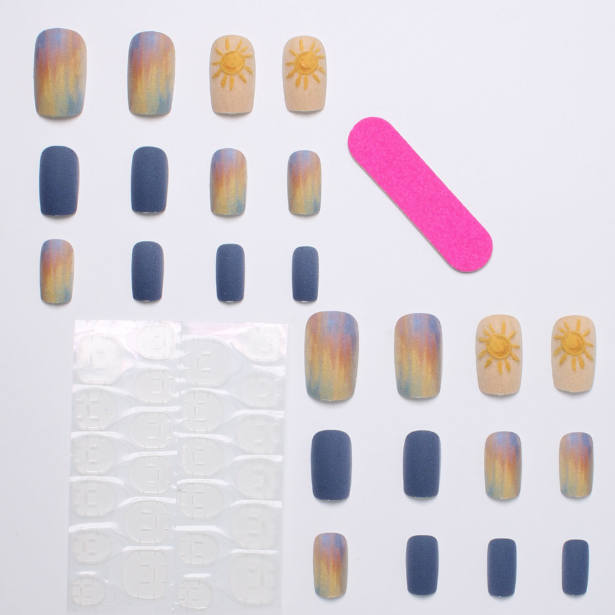 Sunset Ombre Press On Nails Short Round Matte Orange Purple Blue Gradient 3D Sun 11