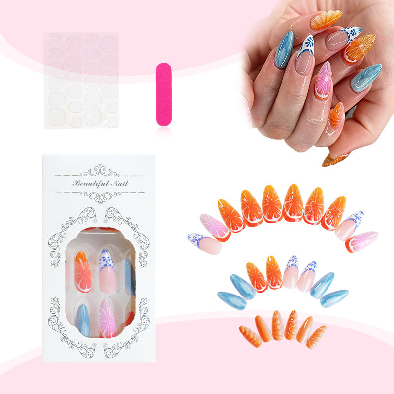 Press On Nails Summer Fruit Design Grapefruit Orange Blue French Tip Glossy Fake Nails Reusable Nail Set Vacation Nails 66