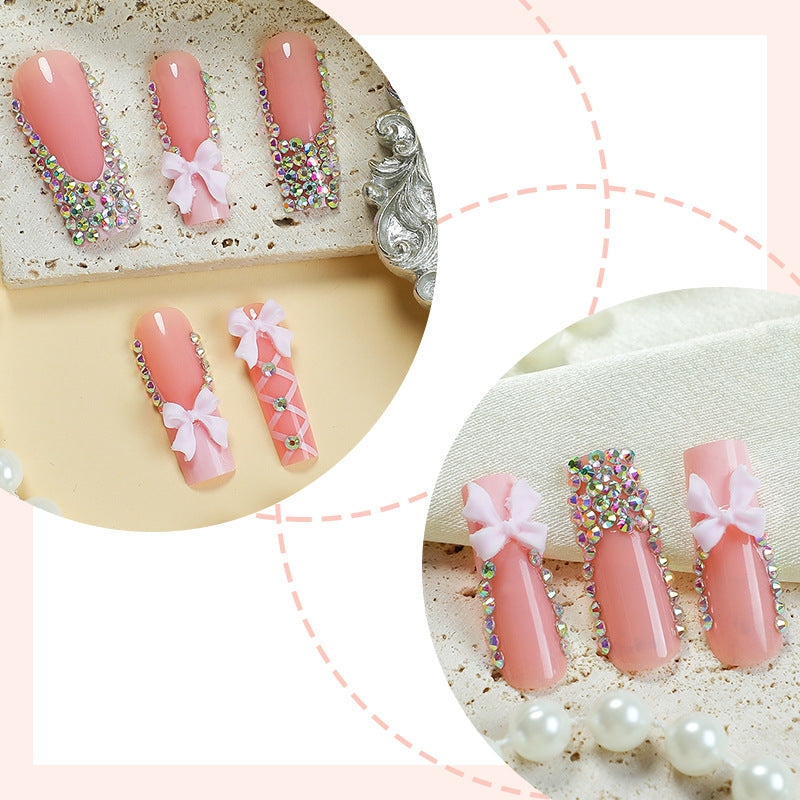 Press On Nails French Tip Pink Nude Bow Rhinestone Ballet Design Glossy Fake Nails Reusable Cute Nail Set 68
