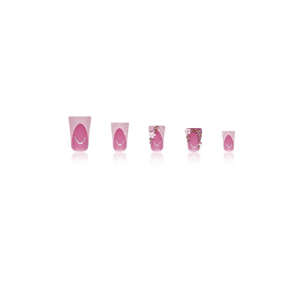 French Tip Press On Nails Short Square Nude Pink 3D Flower Lace Rhinestone Glossy Reusable Acrylic Nails for Women 03