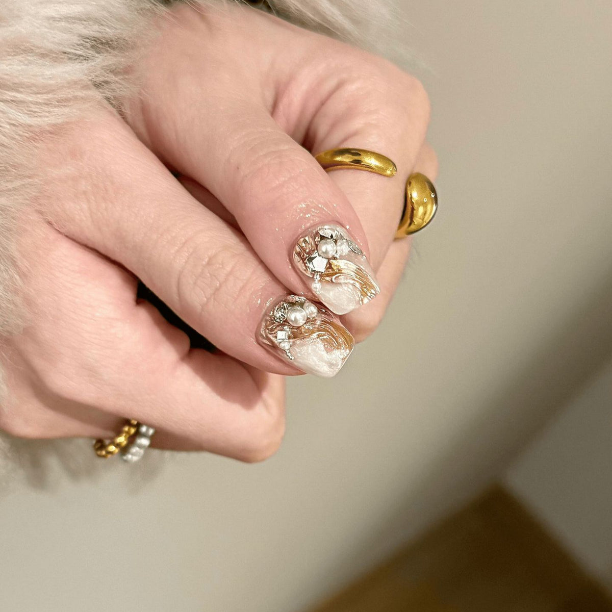 Amber Champagne Press-On Nails – Medium Squoval Nails with Marble Cat Eye, Rhinestone & Pearl Details | Old Money Reusable Nail Set 315