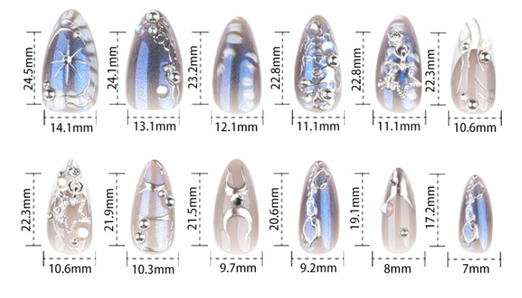 Press On Nails Blue Cat Eye Chrome Star Moon Y2K Nails Silver Chain Rhinestone Pearl Long Almond Glossy Fake Nails Reusable Edgy Aesthetic Cyber Nails for Women Party Festival 76