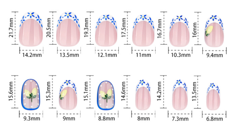 Nude Pink Lemon Press On Nails Floral French Tip Blue Flower Summer Oval Shape Glossy Cute Fake Nails Reusable Full Cover Natural Fresh Nail Kit 124