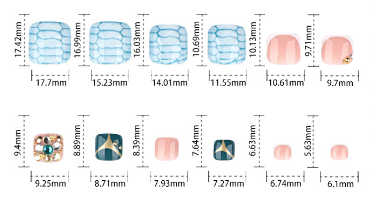 Ice Blue Snake Press On Toenails Mixed Design Nude Pink French Tip Dark Green Metallic Rhinestone Pearl Glossy Short Squoval Fake Toenails Full Cover Reusable Pedicure Nails for Vacation Beach Party 137