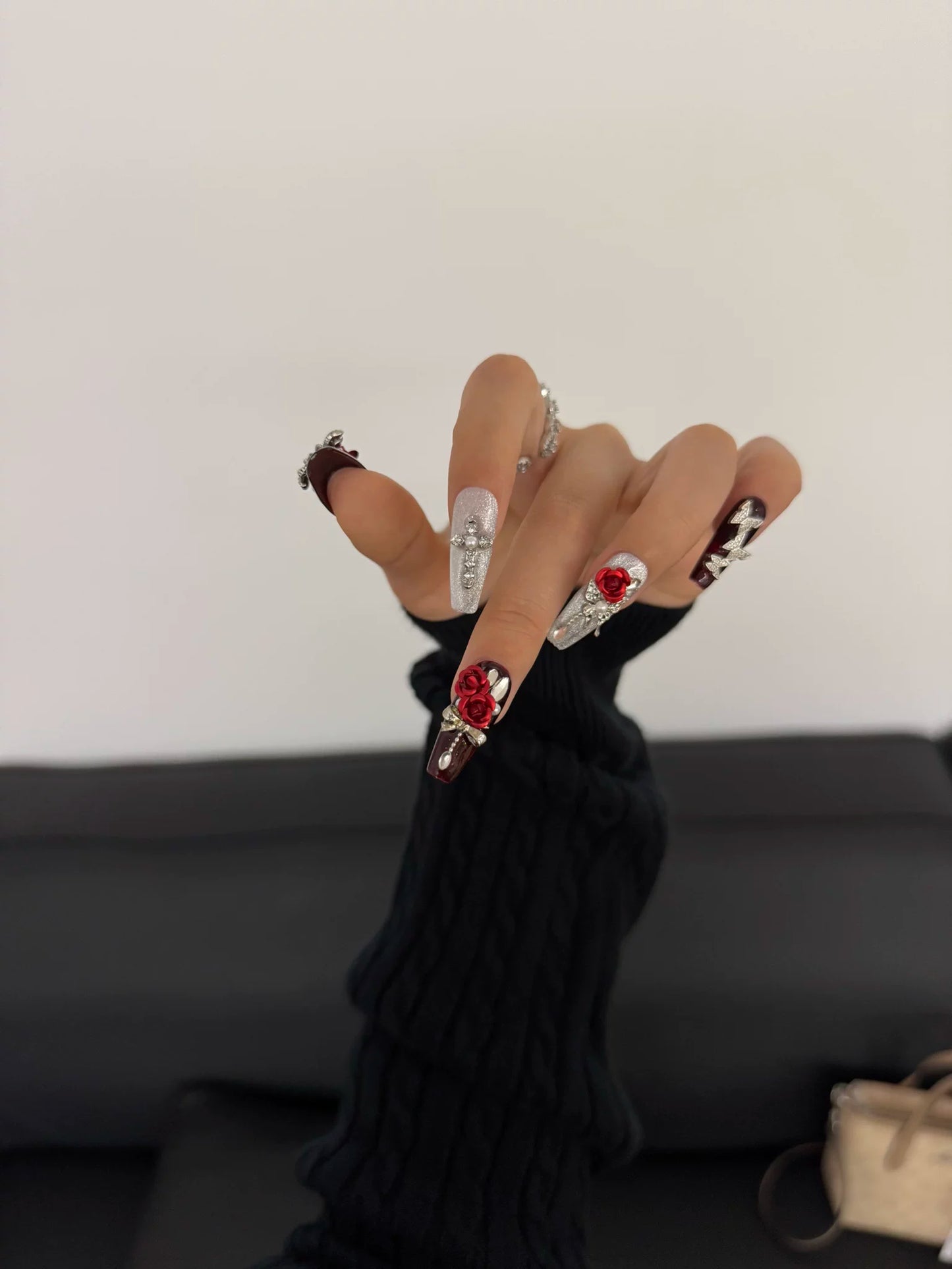 Burgundy Rose Press-On Nails – Long Coffin Nails with 3D Red Rose, Silver Cat Eye Shimmer & Crystal Embellishments | Gothic Luxury Reusable Nail Set 302