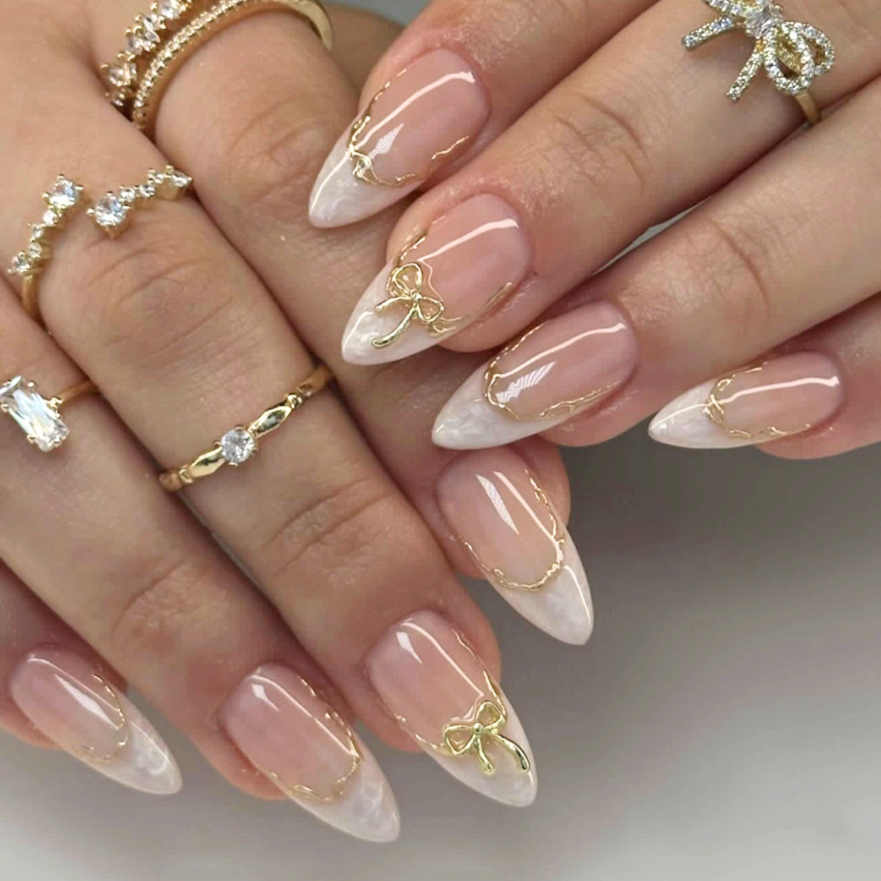 French Tip Press On Nails Almond Nude Pink White Ombre Gold Bow Glossy Reusable 09