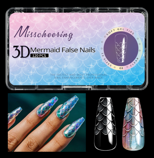 3D Mermaid Scale Press On Nails Long Almond Stiletto Soft Gel Full Cover 120/140PCS 07