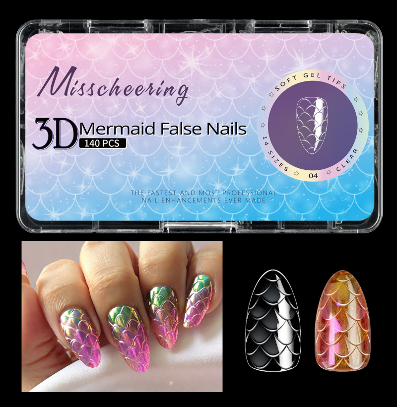 3D Mermaid Scale Press On Nails Long Almond Stiletto Soft Gel Full Cover 120/140PCS 07