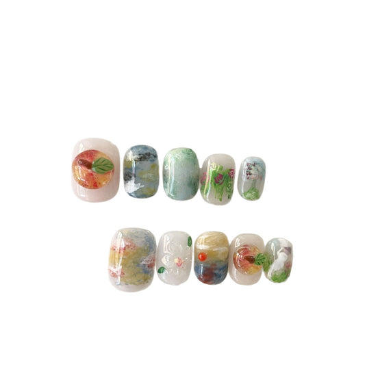 Jelly Press On Nails Short Round Sheer Nude Ombre, 3D Fruit Flower Bunny, Reusable Glue On Nails for Women Daily Wear Summer 02