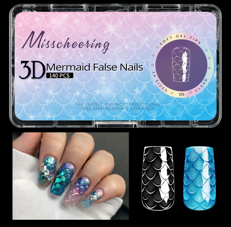 3D Mermaid Scale Press On Nails Long Almond Stiletto Soft Gel Full Cover 120/140PCS 07