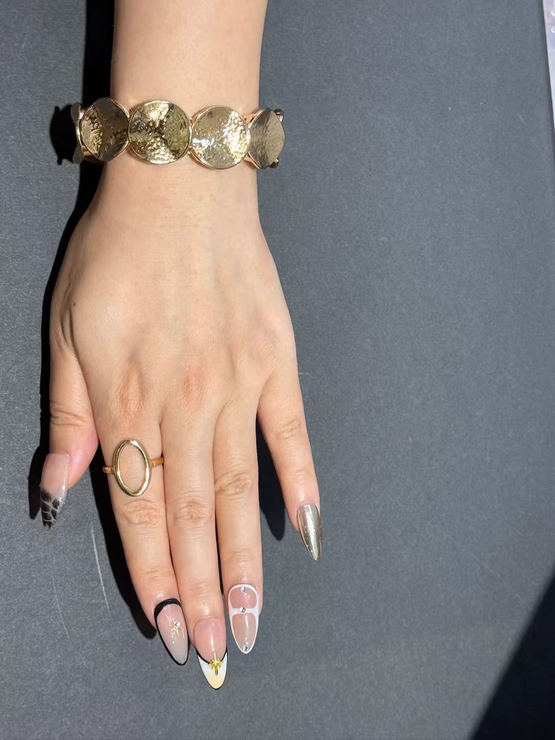 Amber Tortoise & Gold Almond Press On Nails – Clear Nude Base, Reusable Minimalist Luxury for Work, Casual & Evening 196