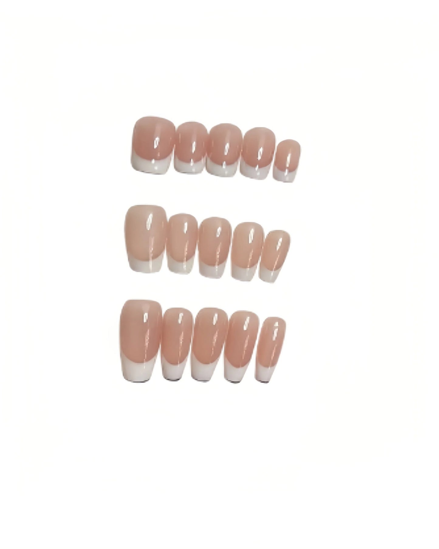 Classic French Tip Press On Nails – Nude Pink & White Reusable Full Cover False Nails in Almond, Oval and Squoval Shapes 189