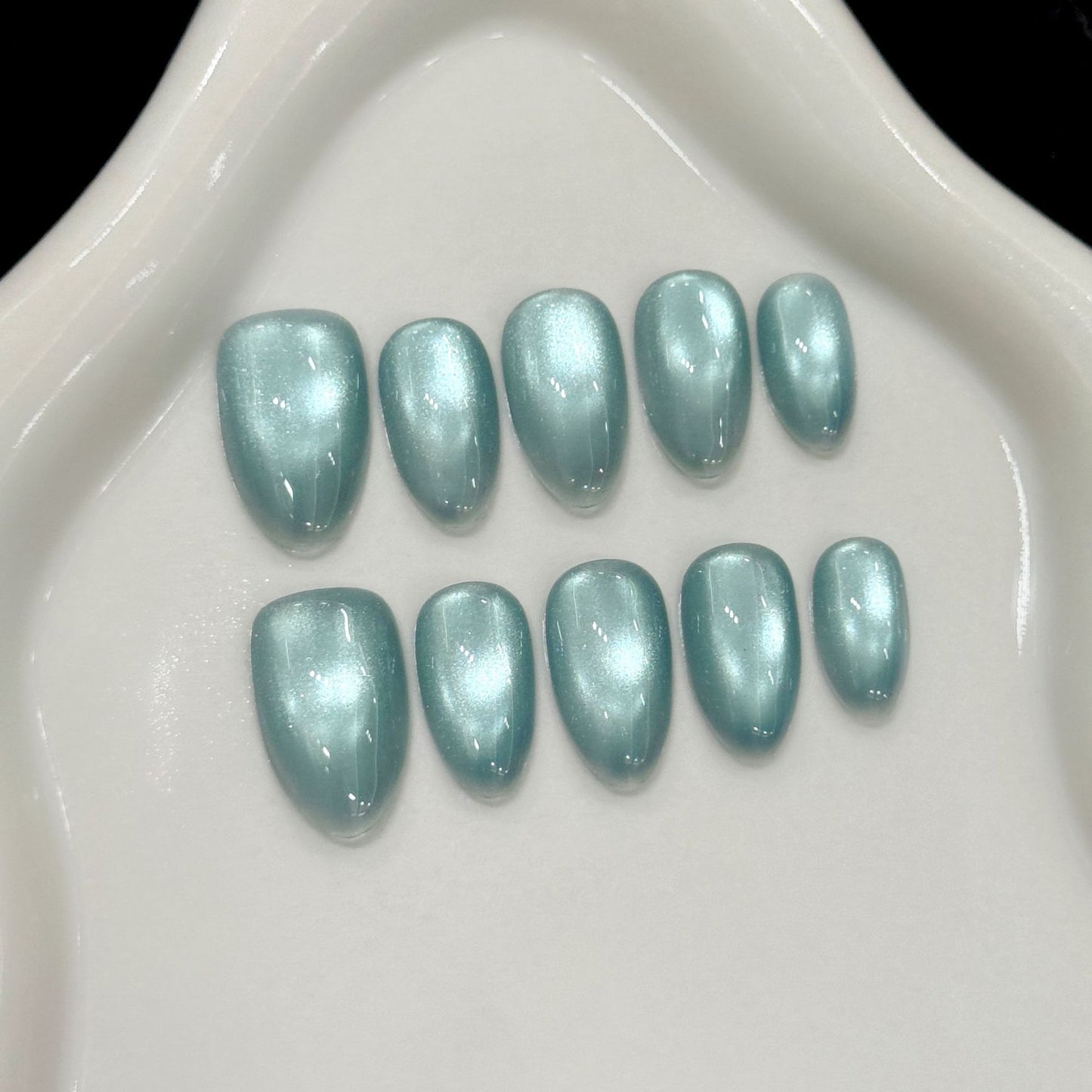 Cat Eye Press On Nails Almond Blue Green Magnetic Glossy Shimmer Full Cover Reusable 10
