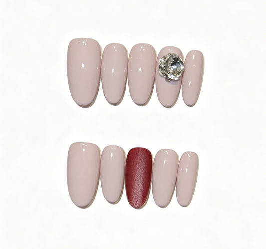 Nude Beige Press On Nails – Almond Shape with Wine Red Accent & Diamond Glitter, Minimalist Luxury Reusable Full Cover Nails 162