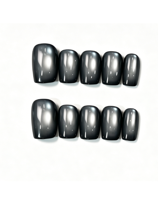 Black Ombre Press On Nails Squoval – Mirror Metallic False Nails Reusable Nail Set 179