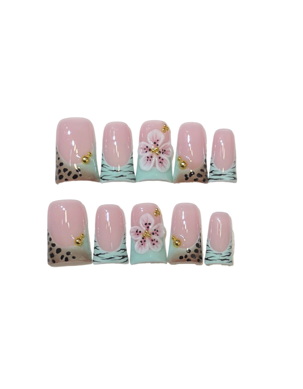 Mint Green Floral Press-On Nails – Pink Cherry Blossom & Leopard Print Almond Nails | Reusable Nail Set with Gold Charms 249