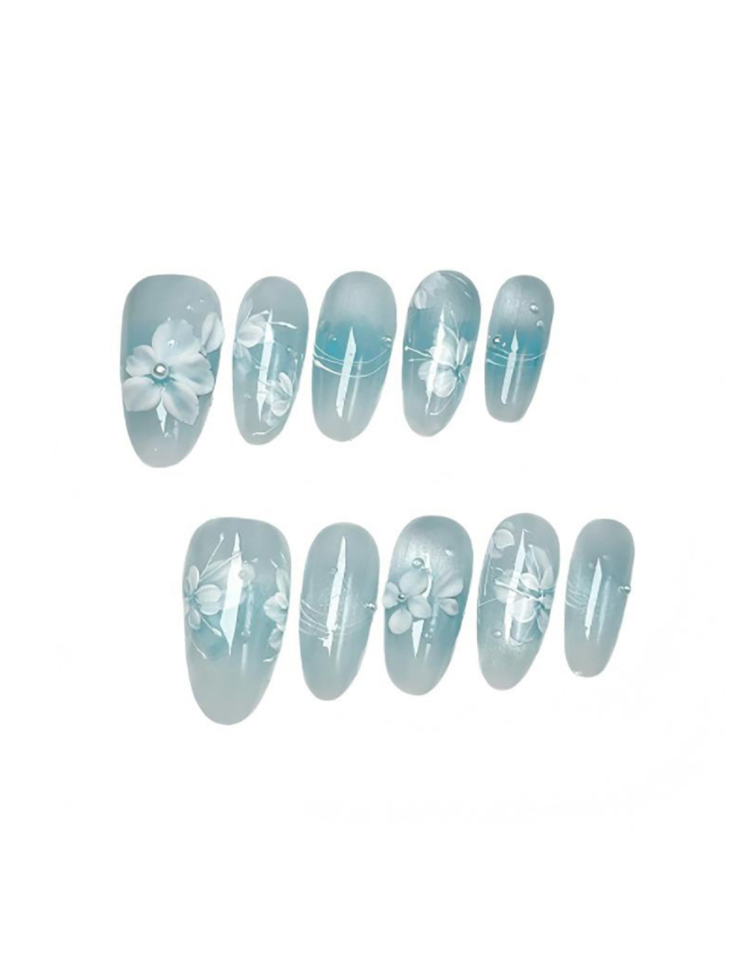 Ice Blue Cat Eye Press-On Nails – Floral Pearl Almond Nails | 3D White Flower Detail Reusable Nail Set 263