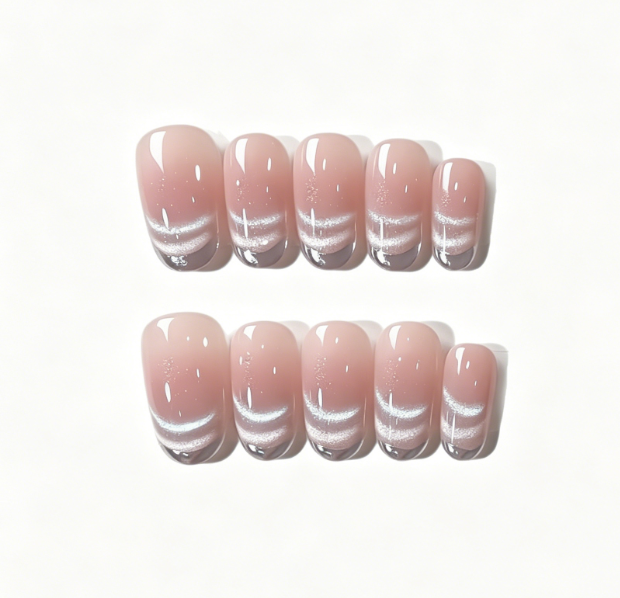 Nude Pink Press On Nails Oval – Milky White Wave Gradient False Nails Glossy Reusable Full Cover Nail Set 174