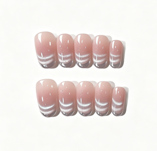 Nude Pink Press On Nails Oval – Milky White Wave Gradient False Nails Glossy Reusable Full Cover Nail Set 174