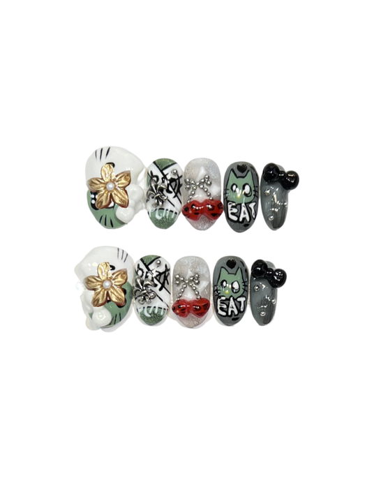 Y2K Grunge Cat Press-On Nails – Grey Green & Black Graffiti Almond Nails | 3D Bow, Chain & Metal Charms Alternative Reusable Nail Set 248