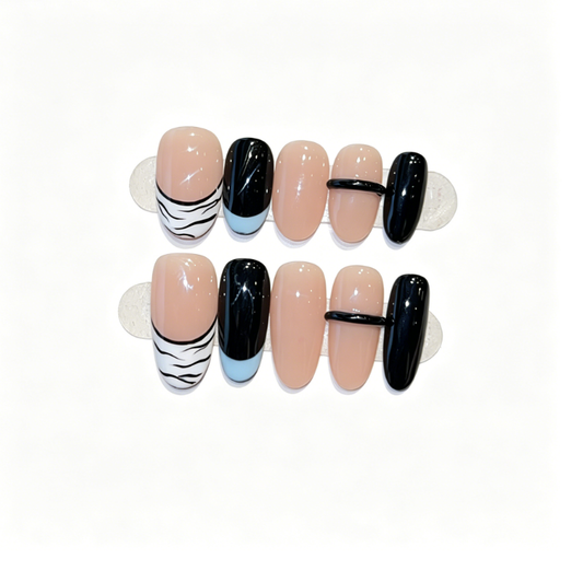 Nude Pink Press On Nails – Oval Shape with Blue French Tip, Zebra Stripe & Black Accent, Glossy Minimalist Reusable Full Cover Set 164