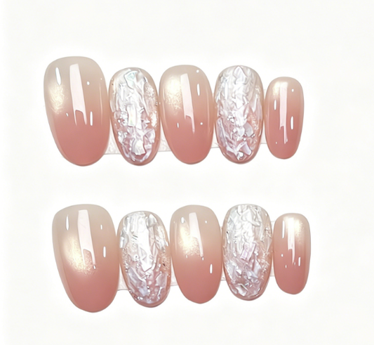 Nude Pink Press On Nails Oval – Aurora Cat Eye Shell Glitter False Nails Reusable Nail Set 175