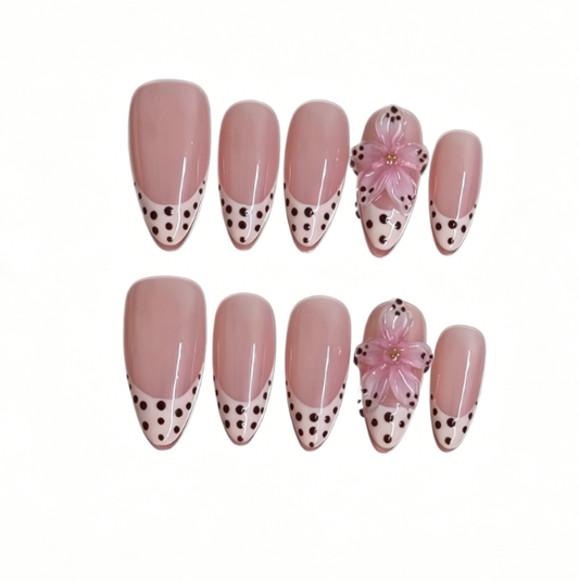 Nude Pink French Tip Press On Nails Almond – Black Polka Dot 3D Flower Glossy False Nails Reusable Full Cover Nail Set 172