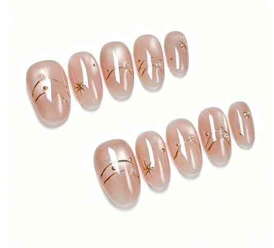 Nude Pink Cat Eye Press On Nails – Short Oval Minimalist Luxury Acrylic Nails with Gold French Tip & Pearl 140