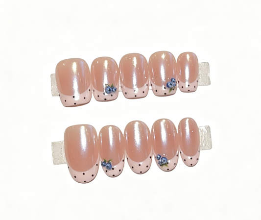 Nude Pink Press On Nails – Squoval with Blueberry French Tip & Polka Dot Design, Reusable Full Cover Set 169