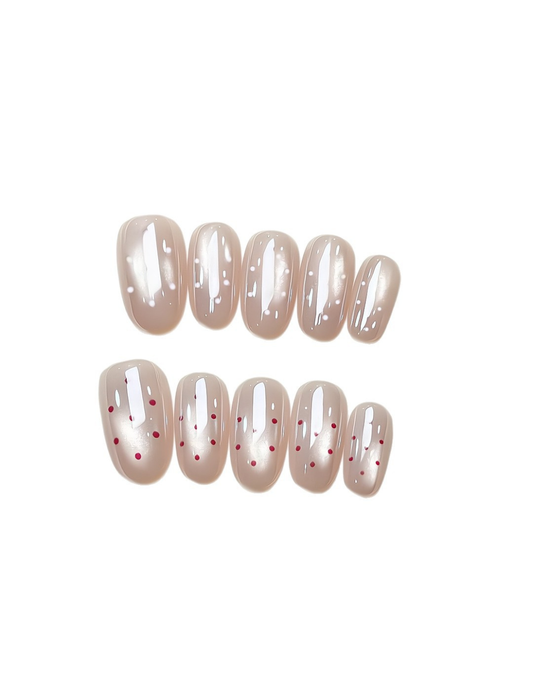 Nude Almond Press On Nails Oval – Polka Dot False Nails Reusable Nail Set 180