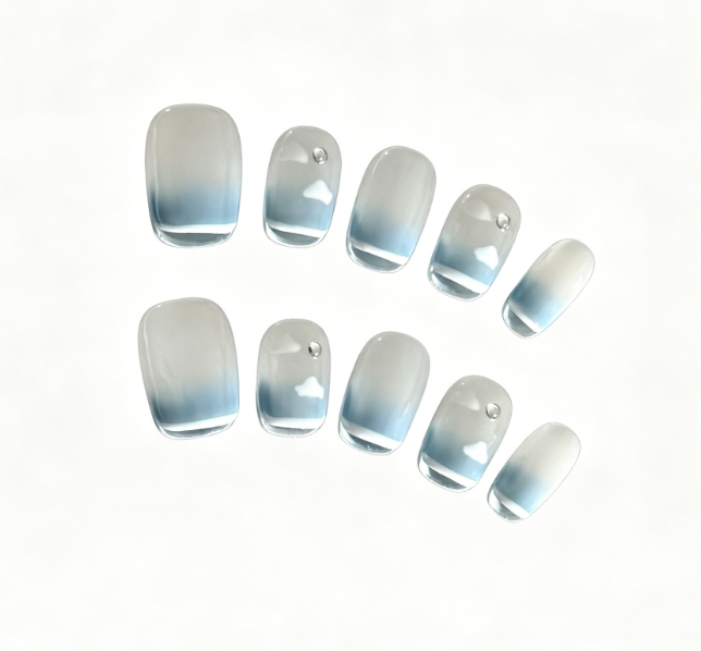 Nude Ice Blue Press On Nails Squoval – Cloud Gradient Rhinestone False Nails Glossy Reusable Full Cover Nail Set 181