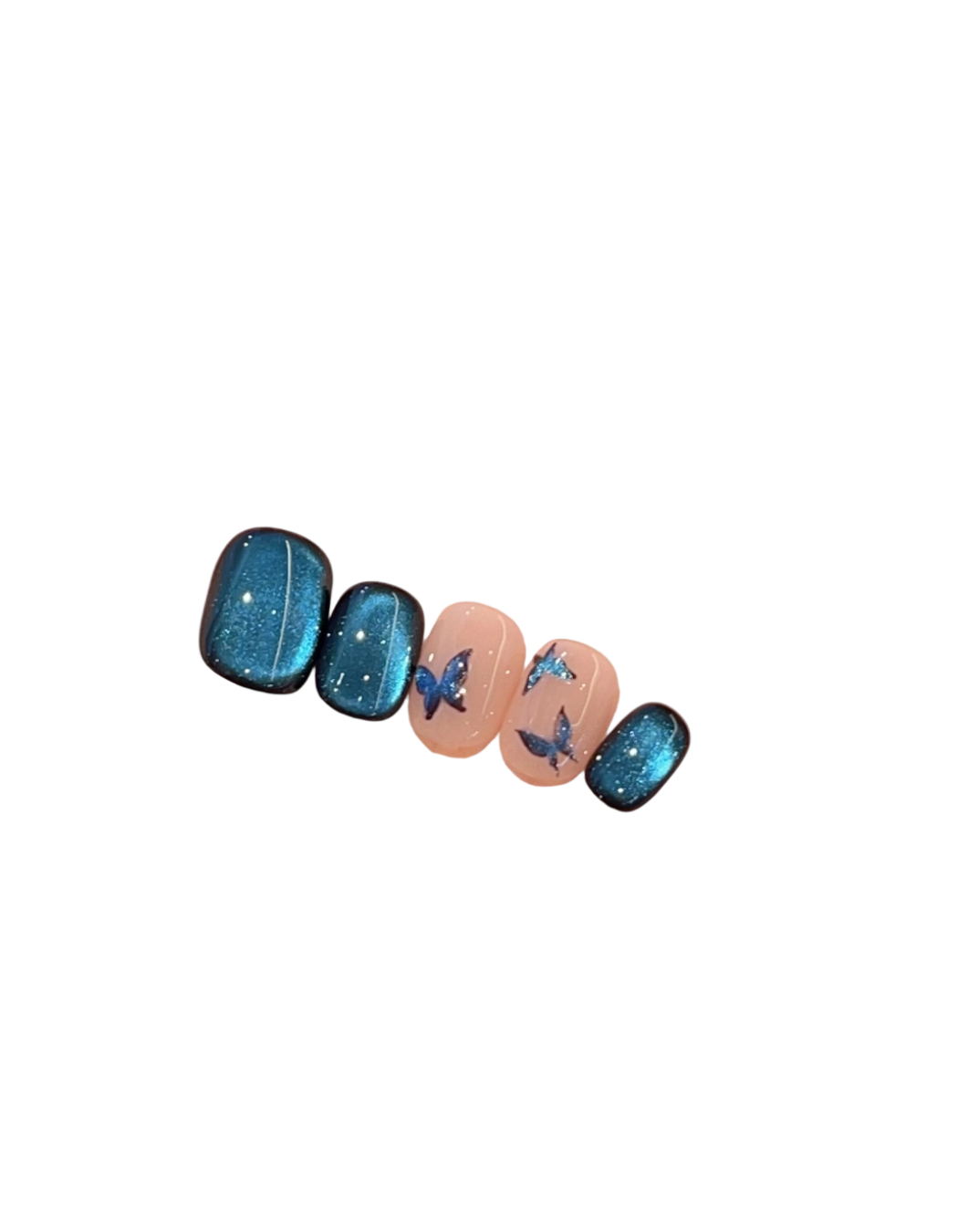 Deep Blue Cat Eye Press On Nails Short Squoval – Hand Painted Butterfly Galaxy Starry Night Reusable Press On Nails Set 203