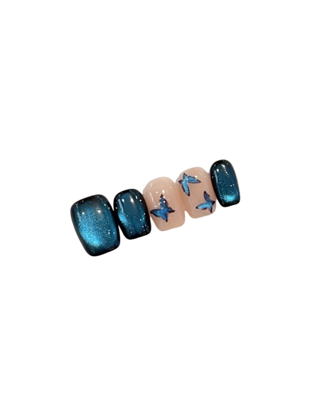 Deep Blue Cat Eye Press On Nails Short Squoval – Hand Painted Butterfly Galaxy Starry Night Reusable Press On Nails Set 203