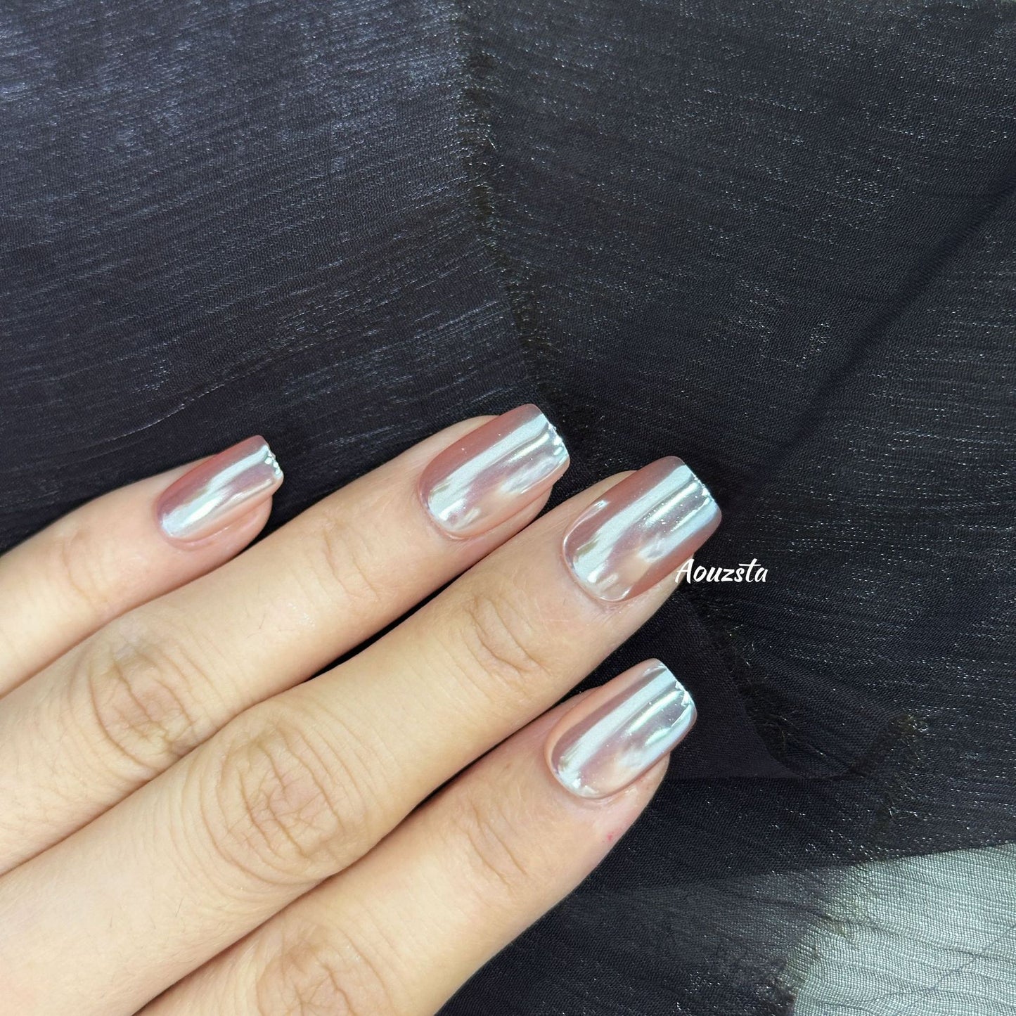 Rose Gold Mirror Metallic Press On Nails – Short Almond Glossy Reusable Acrylic Nails 15