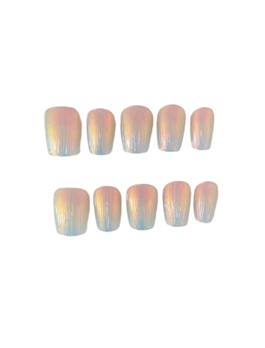 Aurora Cat Eye Press-On Nails – Rainbow Vertical Magnetic Shimmer Short Squoval Nails | Minimalist Reusable Nail Set 269