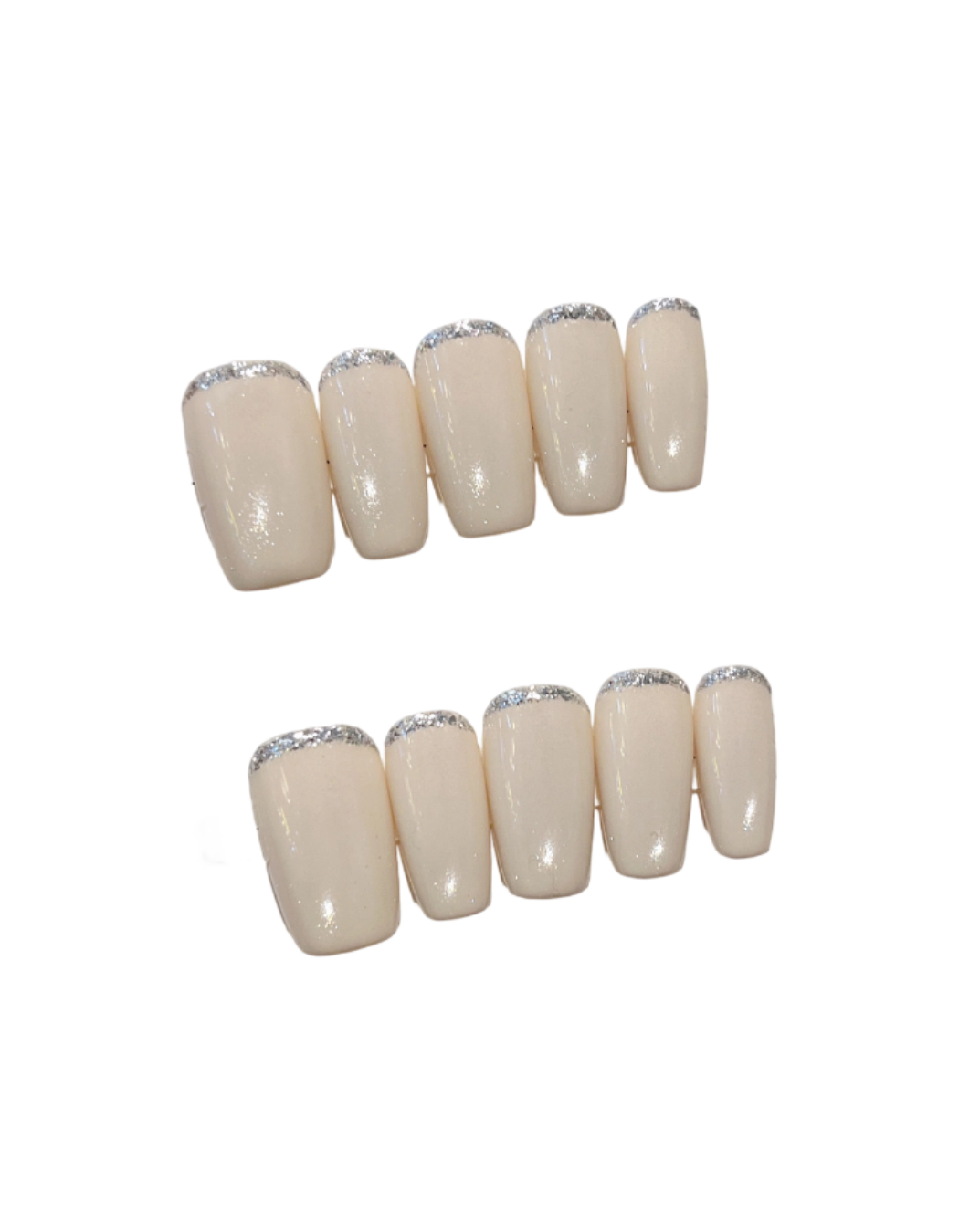 Milky Beige French Press-On Nails – Medium Squoval Nails with Silver Glitter Edge Detail | Minimal Luxury Reusable Nail Set 300