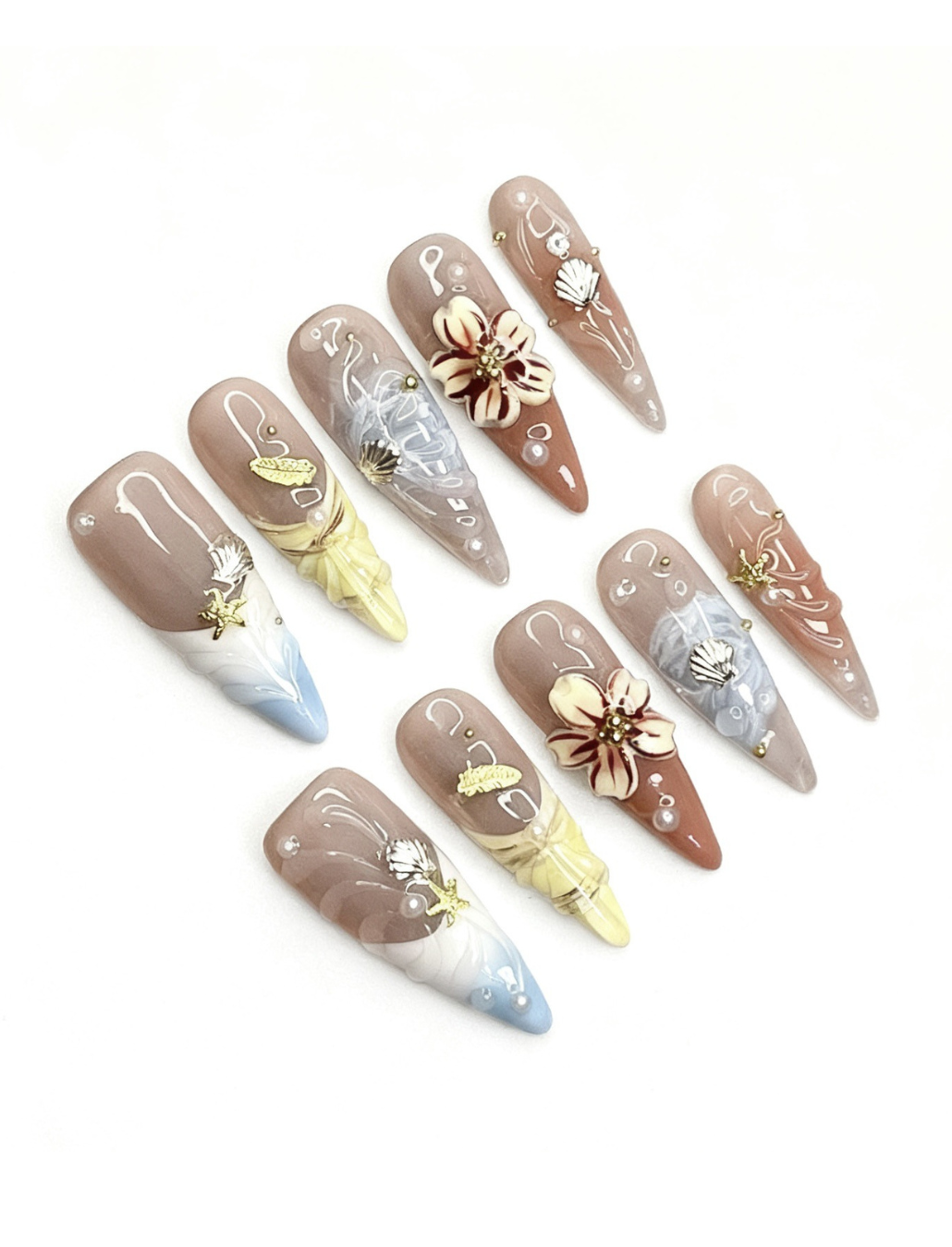 Coastal Floral Press-On Nails – Sheer Nude Ombre Almond Nails | 3D Floral, Shell & Pearl Reusable Nail Set 255