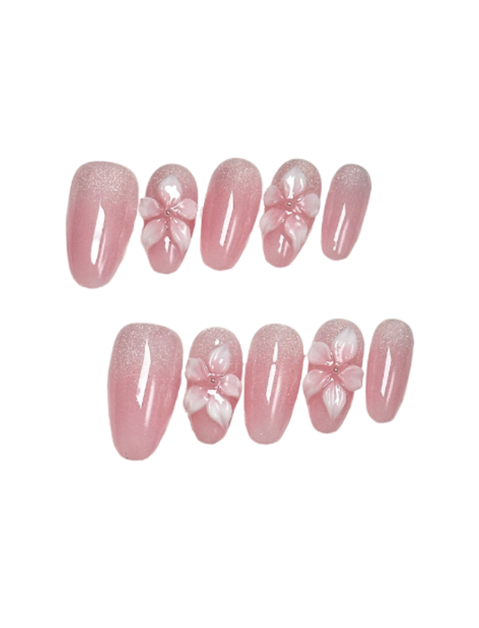 Pink Cat Eye Press-On Nails – Cherry Blossom Floral Oval Nails | 3D Flower Detail Reusable Nail Set 266