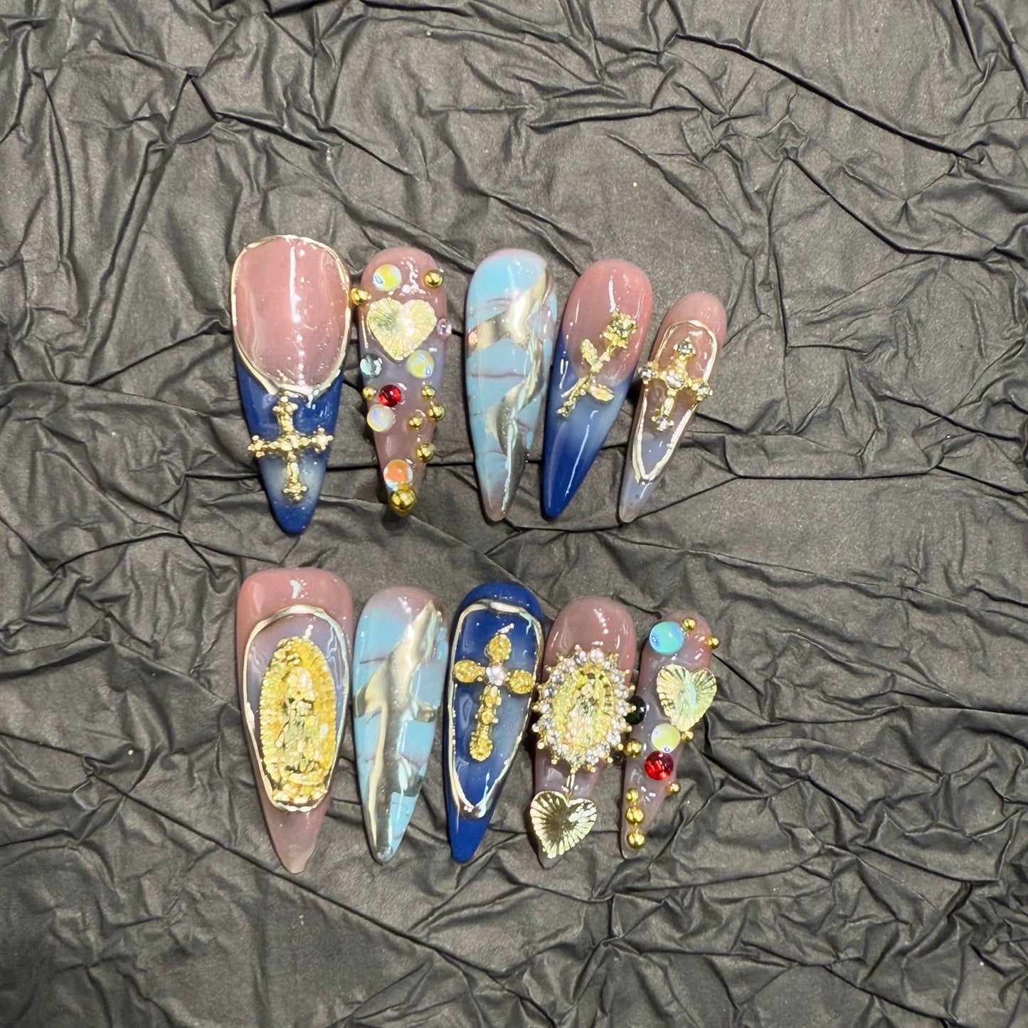 Baroque Inspired Press-On Nails – Blue Pink Marble Stiletto Nails | Gold Cross, Vintage Medallion & Crystal Charms Reusable Nail Set 261