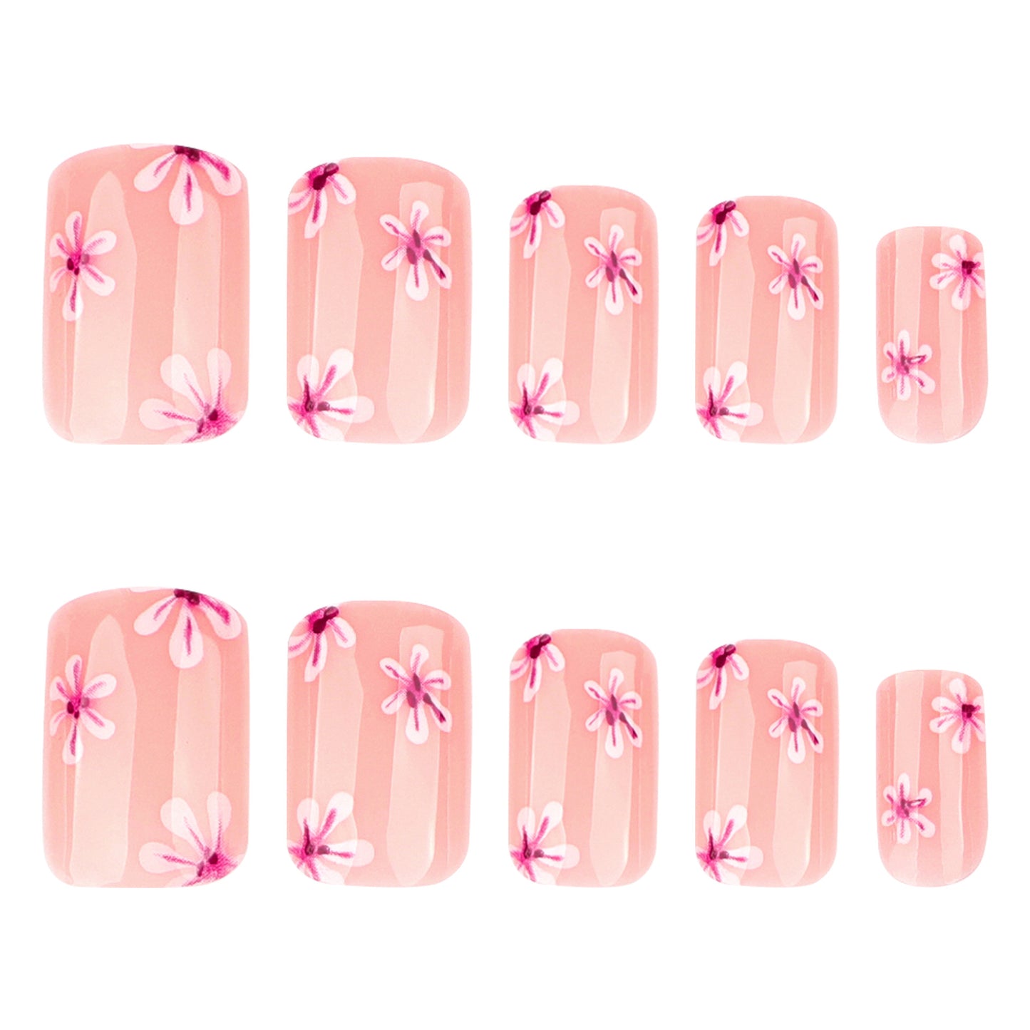 Nude Pink Floral Press On Nails with Hand Painted Flowers Glossy Short Squoval Shape Natural Elegant Spring Summer Full Cover False Nails Kit Reusable 126