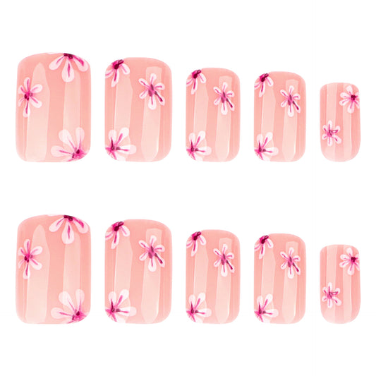 Nude Pink Floral Press On Nails with Hand Painted Flowers Glossy Short Squoval Shape Natural Elegant Spring Summer Full Cover False Nails Kit Reusable 126