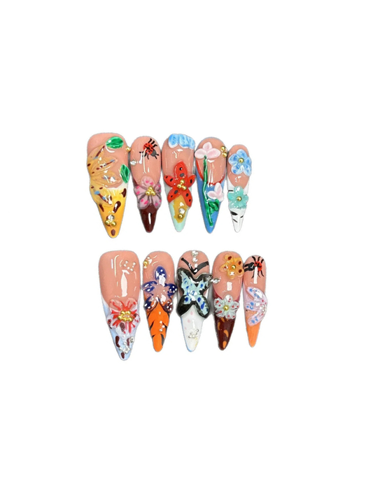 Hand-Painted Garden Press-On Nails | 3D Butterfly, Bee & Floral Nail Art | Long Almond Boho Spring Nails for Cottagecore, Summer & Whimsical Aesthetic 214