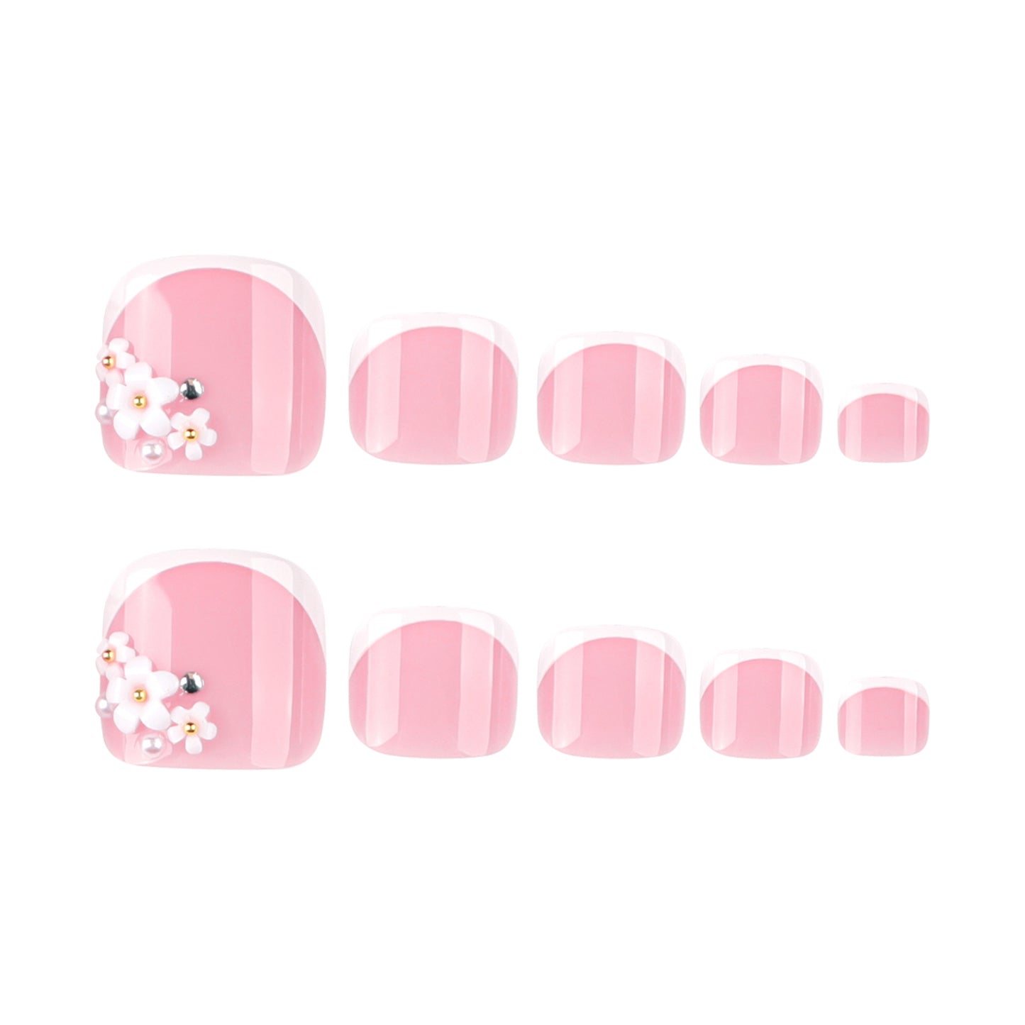 Nude Pink French Tip Press On Toenails with Floral Pearl Stud Design Glossy Short Squoval Shape Elegant Full Cover False Toe Nails Kit Reusable Pedicure 115
