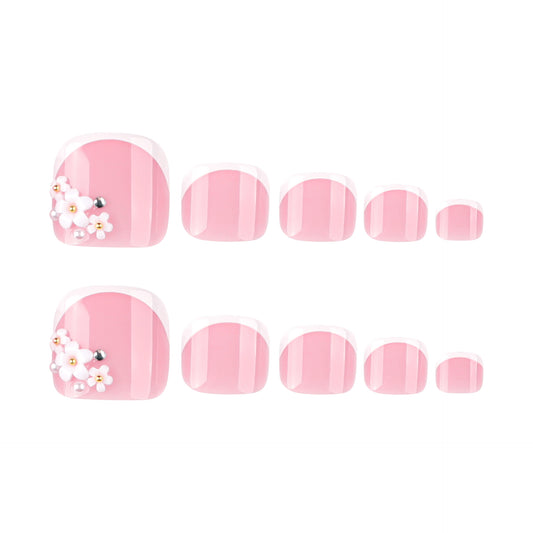 Nude Pink French Tip Press On Toenails with Floral Pearl Stud Design Glossy Short Squoval Shape Elegant Full Cover False Toe Nails Kit Reusable Pedicure 115
