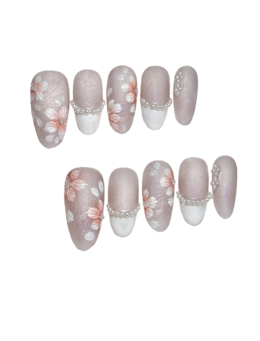 Gray Pearl French Press-On Nails – Floral Nude Oval Nails | Pearl Chain Detail Reusable Bridal Nail Set 267